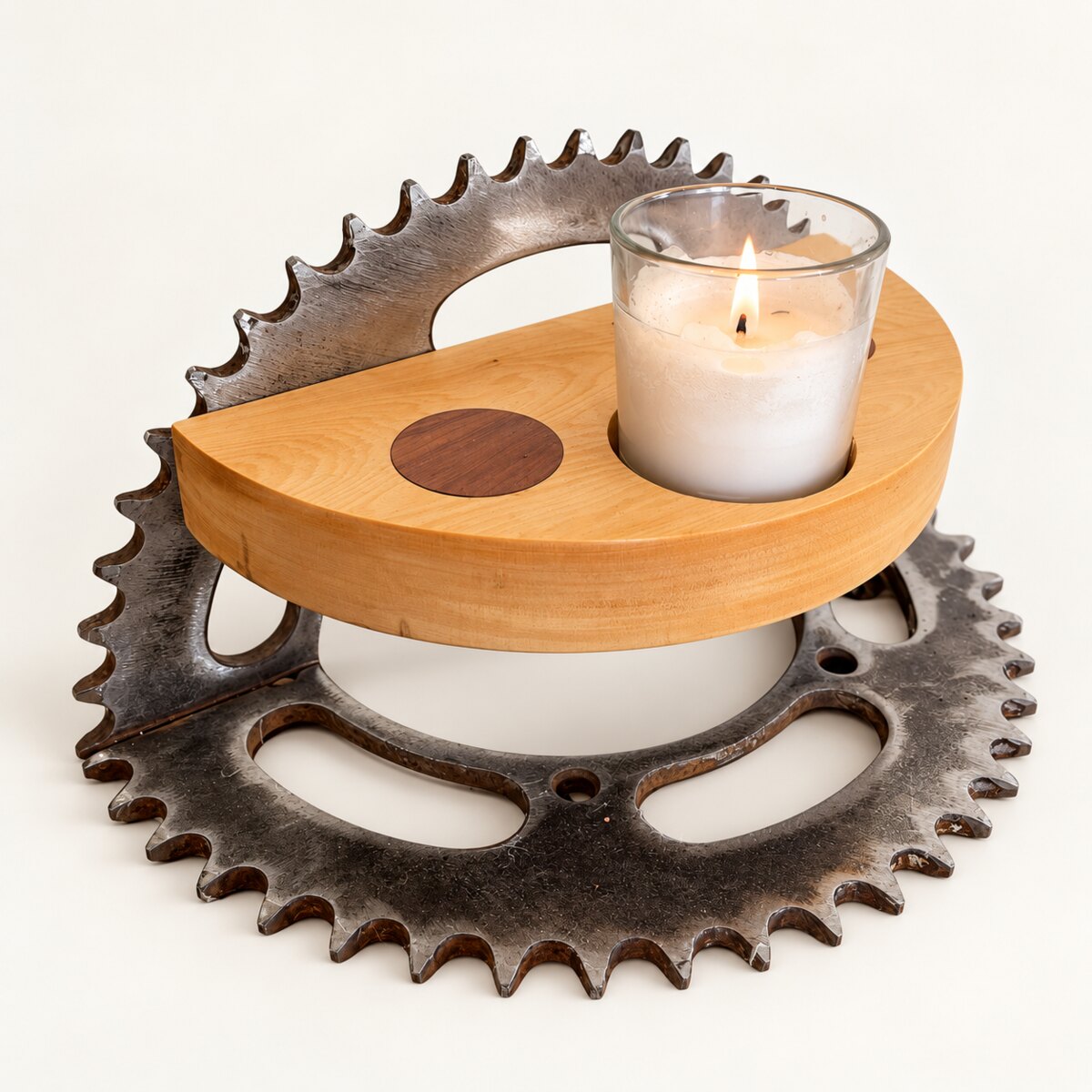 Timber and steel gear candle holder