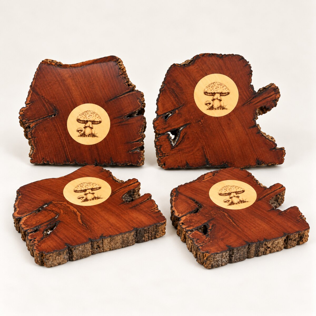 Tasmanian myrtle coasters with Huon pine mushroom inlays