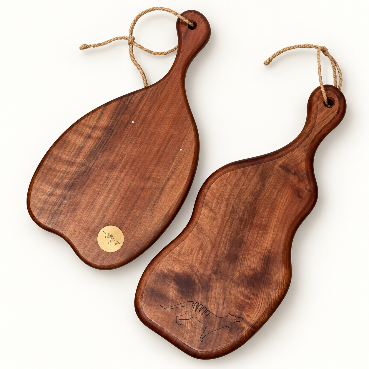 Hand-shaped Tasmanian myrtle cheeseboards with thylacine details