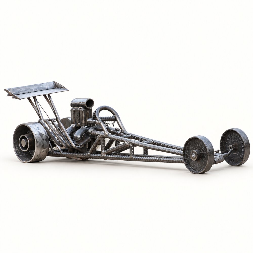 Scrap-metal Top Fuel drag racer sculpture