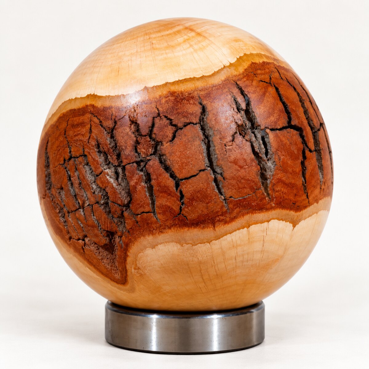 Tasmanian she-oak sphere with natural bark and cracks on a metal base